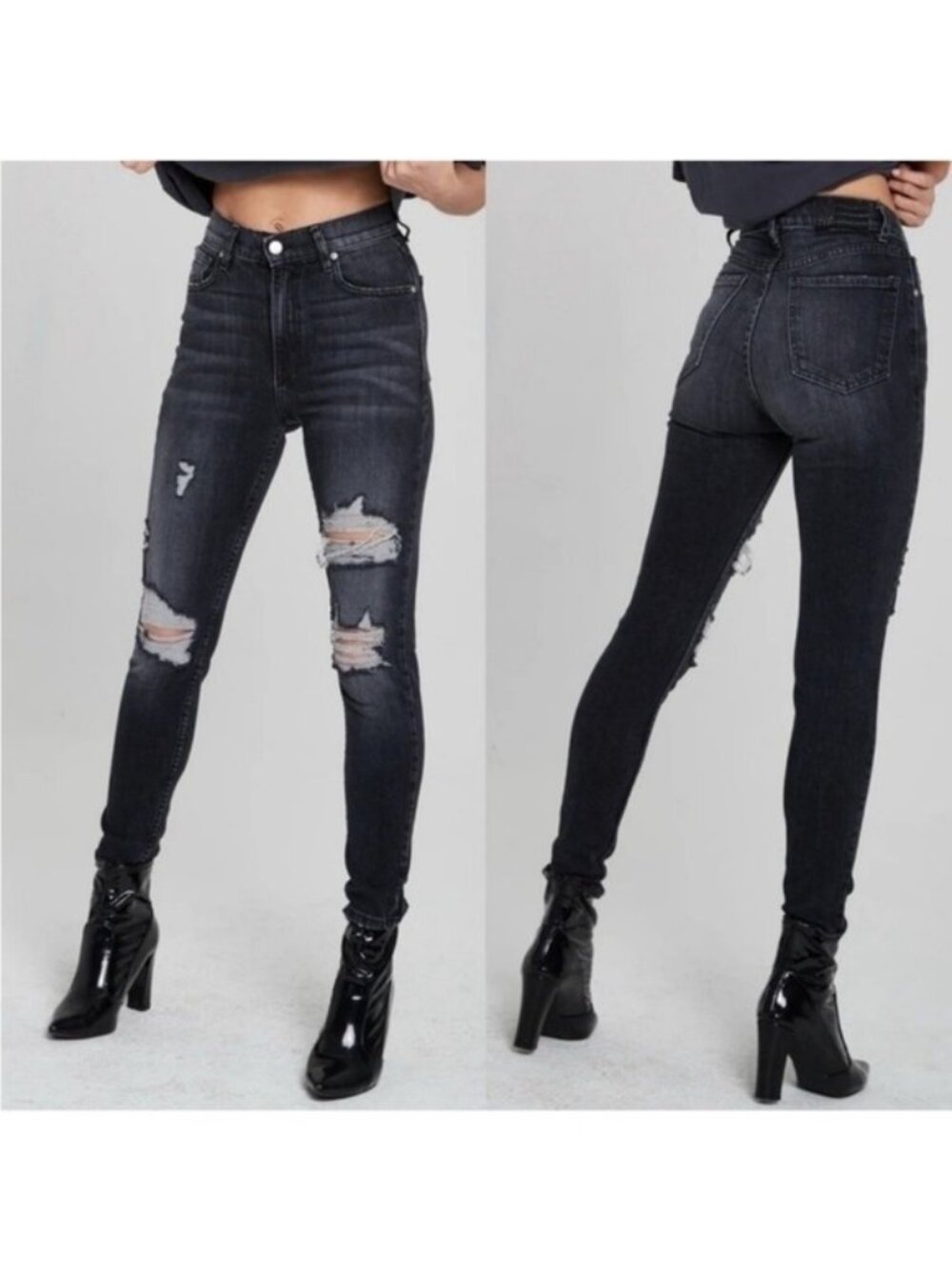 REVICE Uptown Denim Nirvana Black Distressed Skinny Jeans Ultra High-Waisted 28